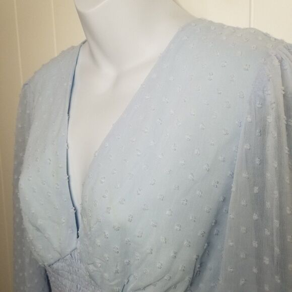 Women's Cropped Blue Sheer Balloon Sleeve Top - Picture 4 of 8